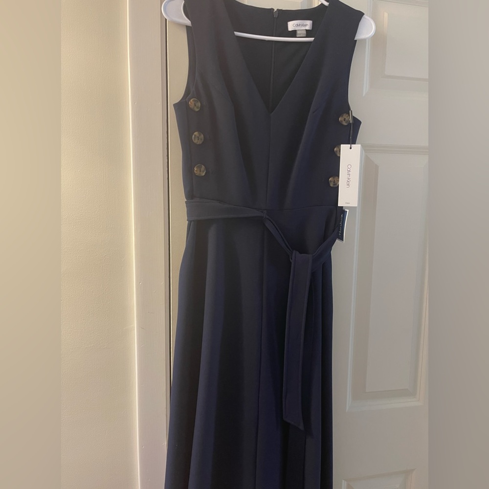 Midi navy blue dress with belt